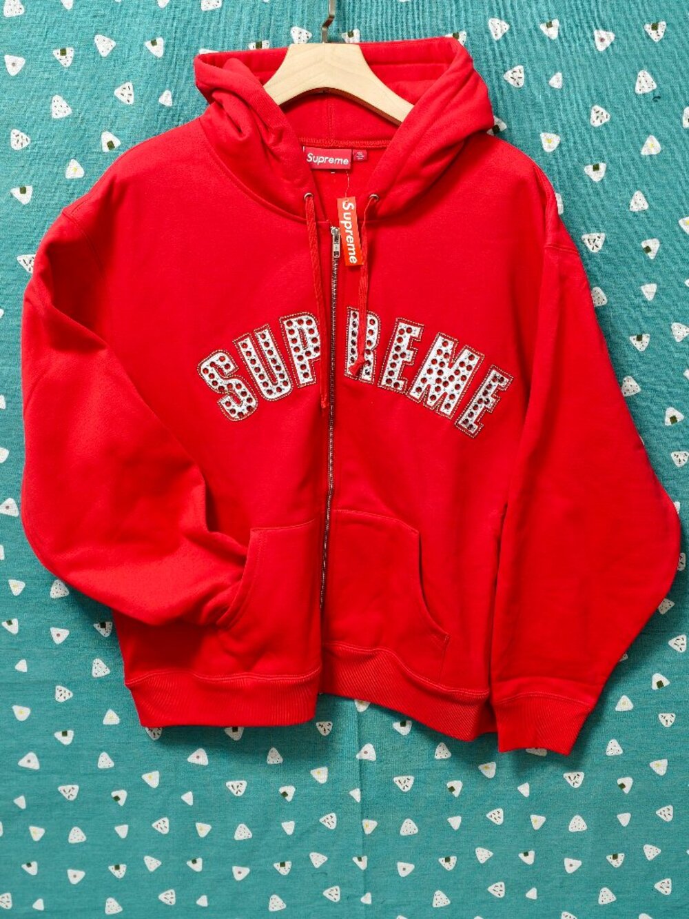 Unisex Supreme Red Crystal Logo Zip Hoodie